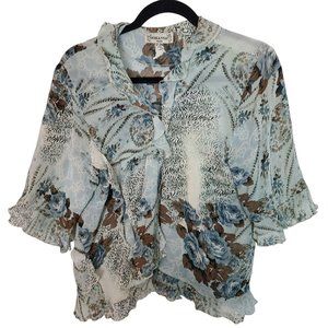 Johanna Womens Blue Floral Print Half Bell Sleeves Ruffle Trim Blouse Top